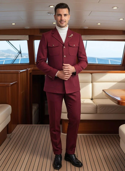 Mens Giovanni Testi 2 Piece Burgundy Suit – Slim Fit 4 Button Blazer with Notch Lapel & Flap Pockets