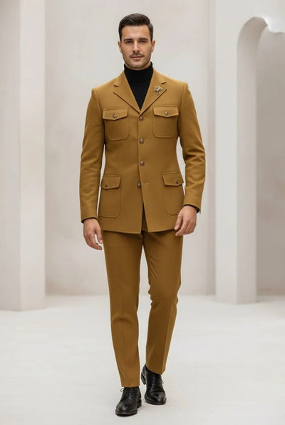 Mens Giovanni Testi Slim Fit 2 Piece Suit Mustard – 4 Button Notch Lapel & Flap Pockets