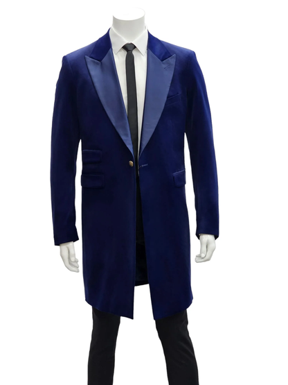 Mens Navy Velvet Victorian Tailcoat Tuxedo – Three Quarter Length Cutaway Stage And Wedding Jacket