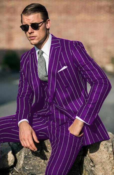 Men’s Purple Pinstripe 1920s Gangster Suit with Jacket, Vest and Pants, Vintage Formal Dress Suit