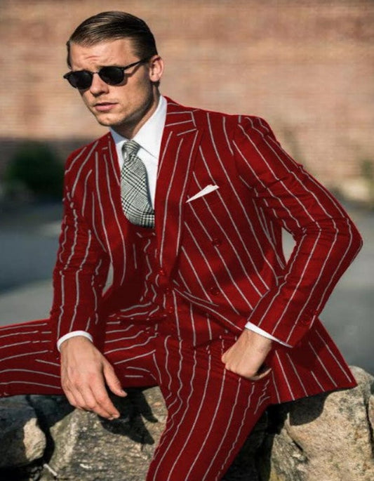 Men’s Light Burgundy Gangster Suit – 1920s Maroon Chalk Stripe Pinstripe Design