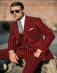 Men’s Light Burgundy Gangster Suit – 1920s Maroon Chalk Stripe Pinstripe Design