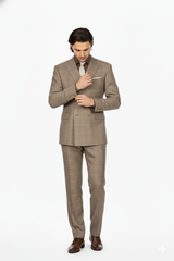 Mens Classic Wool Feel Double Breasted Glen Plaid Suit in Tan