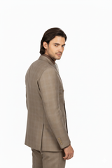 Mens Classic Wool Feel Double Breasted Glen Plaid Suit in Tan