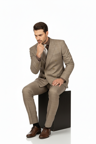 Mens Classic Wool Feel Double Breasted Glen Plaid Suit in Tan 6 DRW-1_TAN_36S  - from alligatorwarehouse.com