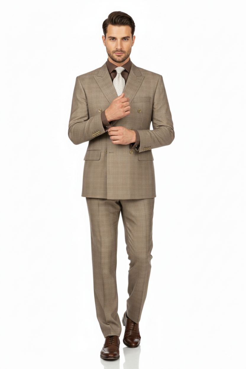 Mens Classic Wool Feel Double Breasted Glen Plaid Suit in Tan
