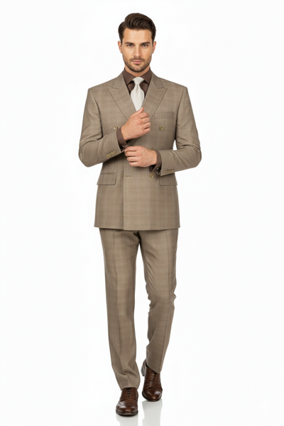 Mens Classic Wool Feel Double Breasted Glen Plaid Suit in Tan 8 DRW-1_TAN_36S  - from alligatorwarehouse.com