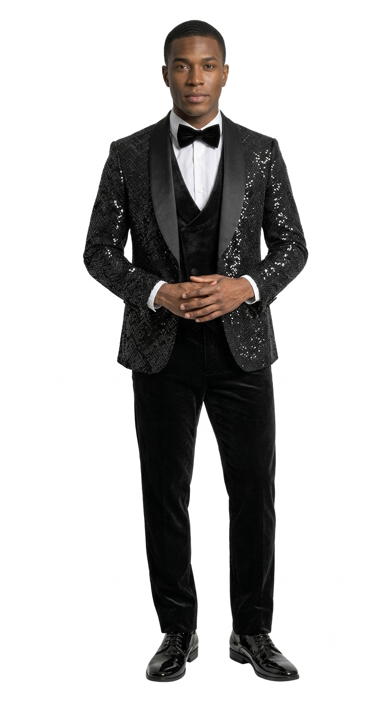Men's Black Velvet Patterned Shawl Lapel Tuxedo Set for Wedding & Prom
