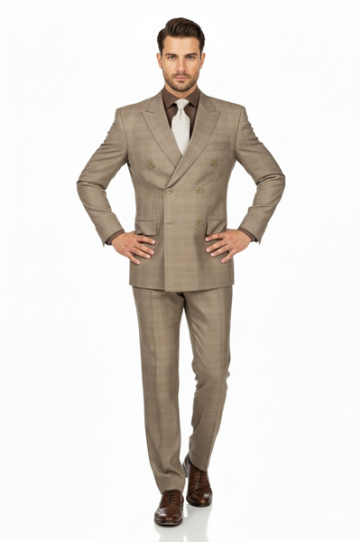 Mens Classic Wool Feel Double Breasted Glen Plaid Suit in Tan 7 DRW-1_TAN_36S  - from alligatorwarehouse.com
