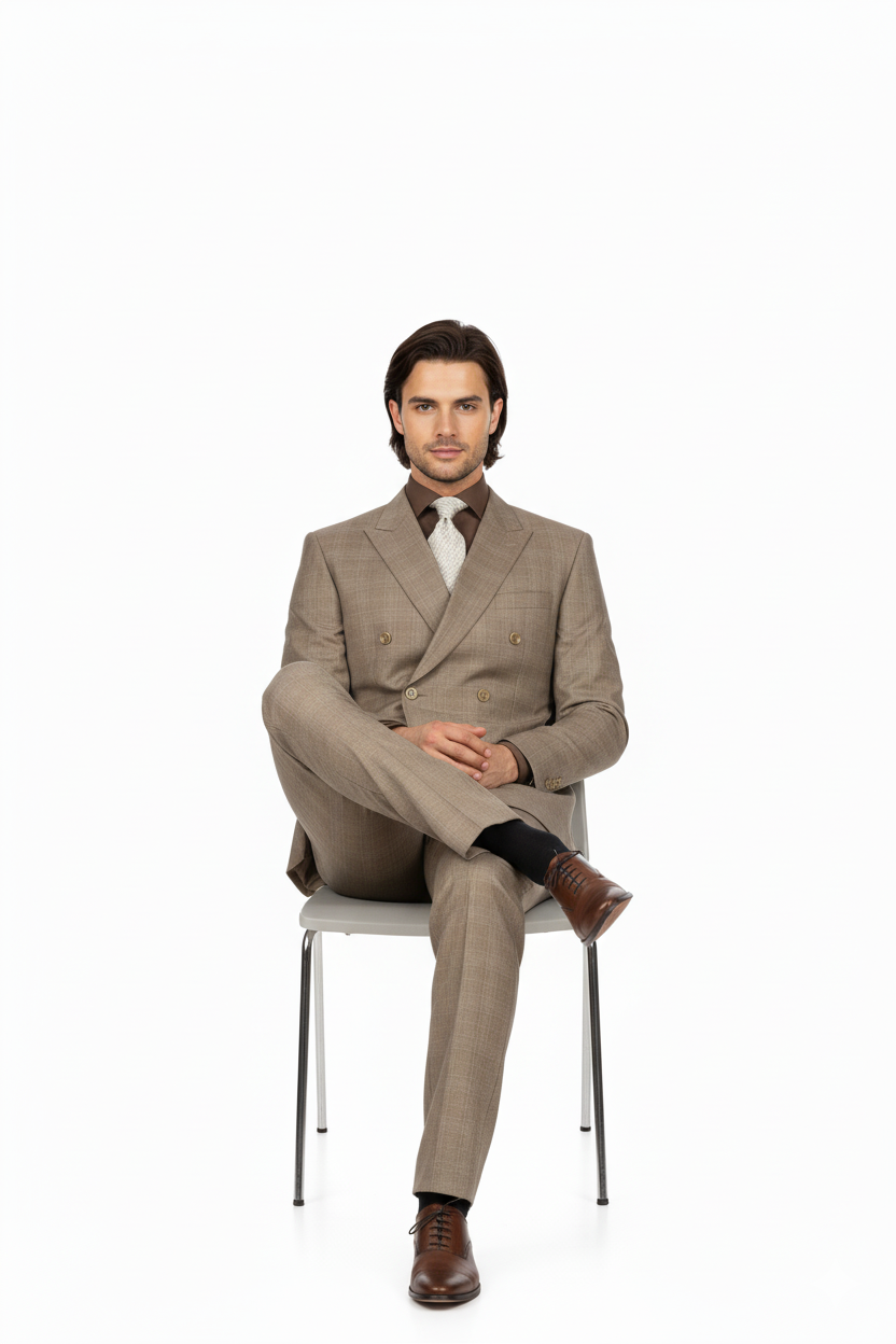 Mens Classic Wool Feel Double Breasted Glen Plaid Suit in Tan
