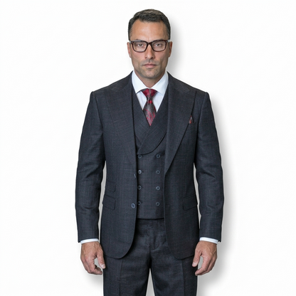 Mens Ticket Pocket Peak Lapel Double breasted Vest 100% Wool Tom Ford Style Modern Fit in Color "Black" By Statement