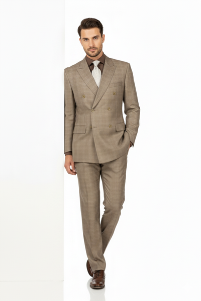 Mens Classic Wool Feel Double Breasted Glen Plaid Suit in Tan 5 DRW-1_TAN_36S  - from alligatorwarehouse.com