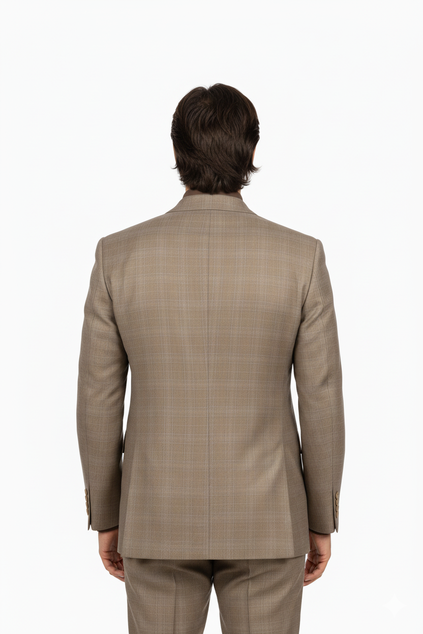 Mens Classic Wool Feel Double Breasted Glen Plaid Suit in Tan