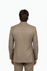 Mens Classic Wool Feel Double Breasted Glen Plaid Suit in Tan