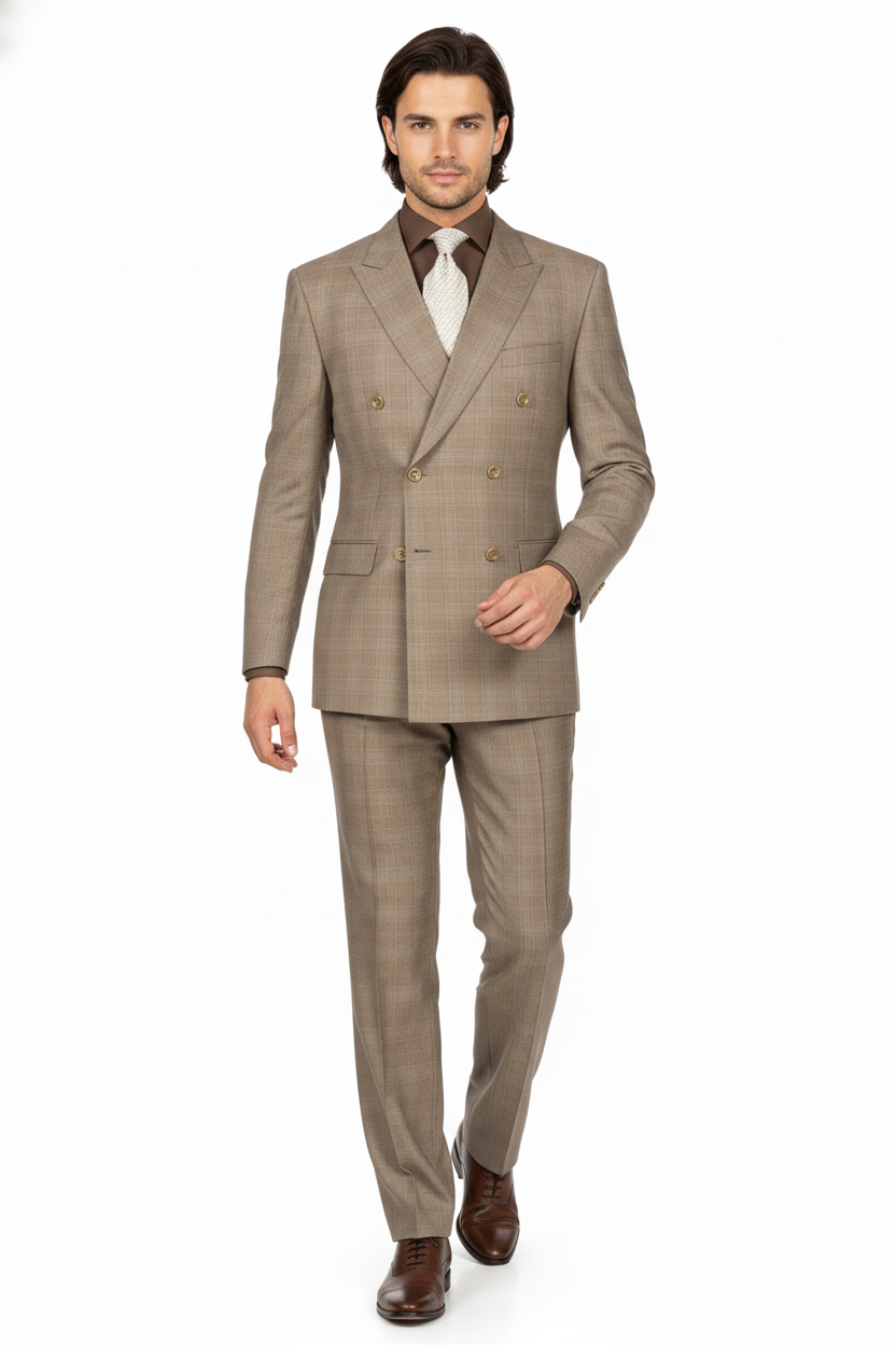 Mens Classic Wool Feel Double Breasted Glen Plaid Suit in Tan