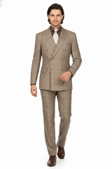 Mens Classic Wool Feel Double Breasted Glen Plaid Suit in Tan
