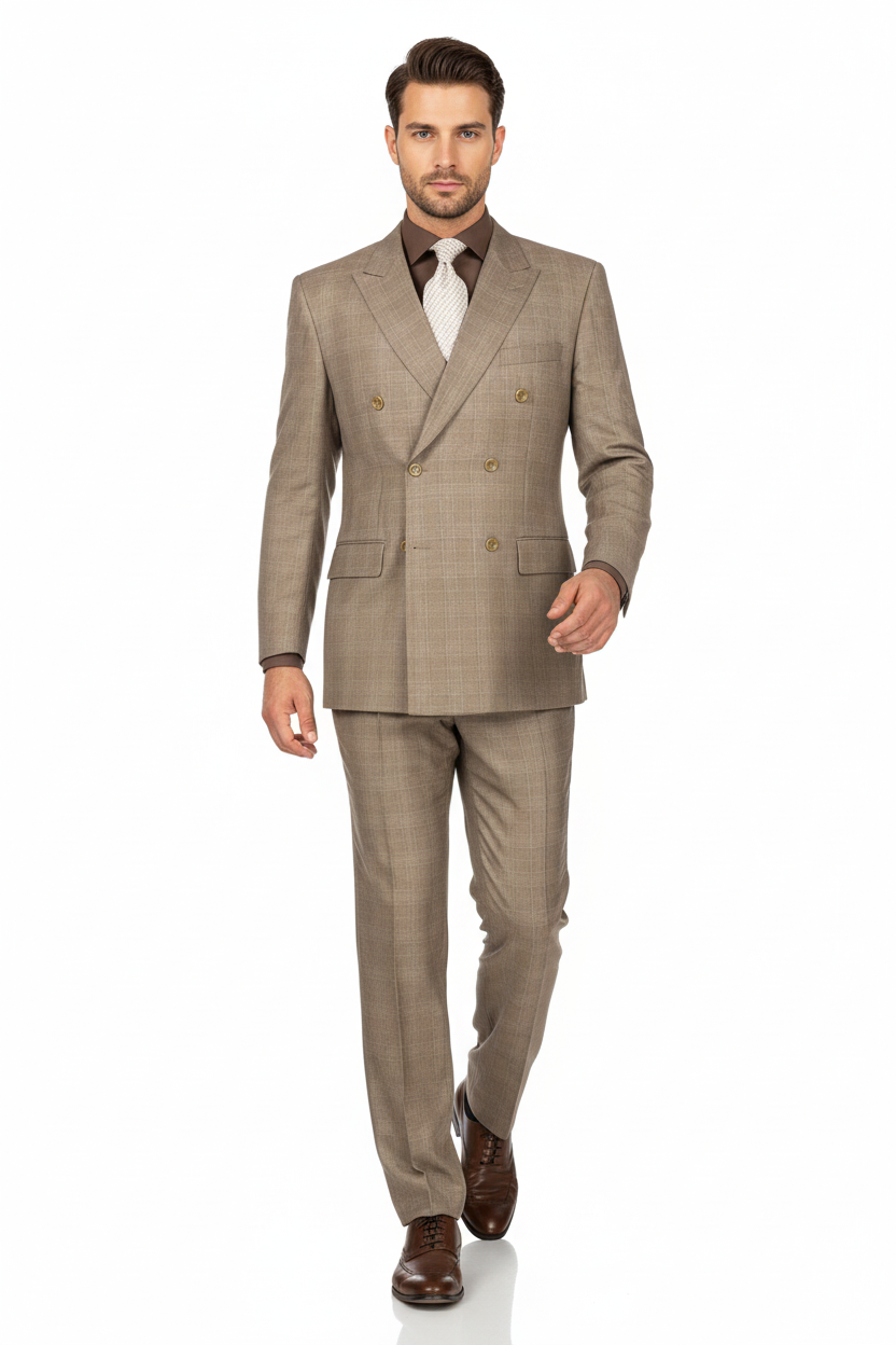 Mens Classic Wool Feel Double Breasted Glen Plaid Suit in Tan