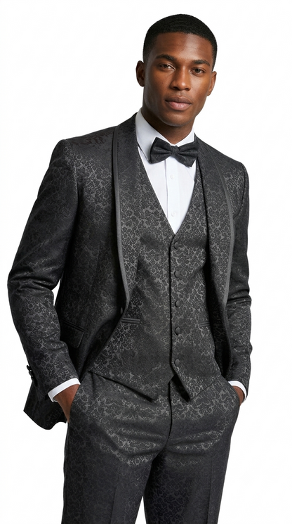 Men's Black Floral Shawl Lapel Tuxedo Set with Satin Trim for Wedding & Prom