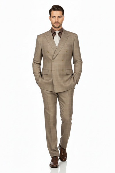 Mens Classic Wool Feel Double Breasted Glen Plaid Suit in Tan 1 DRW-1_TAN_36S  - from alligatorwarehouse.com