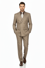 Mens Classic Wool Feel Double Breasted Glen Plaid Suit in Tan