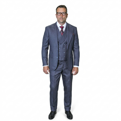 Mens Ticket Pocket Peak Lapel Double breasted Vest 100% Wool Tom Ford Style Modern Fit in Color "Navy" By Statement
