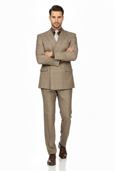 Mens Classic Wool Feel Double Breasted Glen Plaid Suit in Tan 3 DRW-1_TAN_36S  - from alligatorwarehouse.com