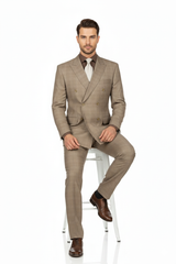 Mens Classic Wool Feel Double Breasted Glen Plaid Suit in Tan