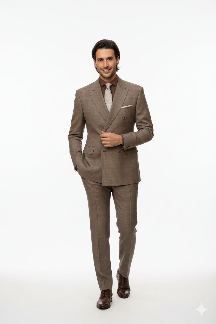 Mens Classic Wool Feel Double Breasted Glen Plaid Suit in Tan