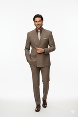 Mens Classic Wool Feel Double Breasted Glen Plaid Suit in Tan