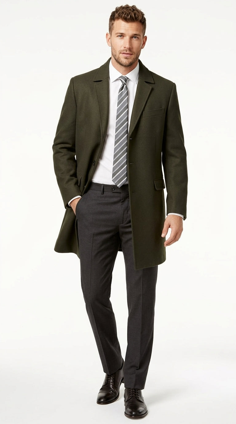 Men's Olive Green Wool Car Coat – Classic Mid-Length Three-Quarter Dress Overcoat for Men