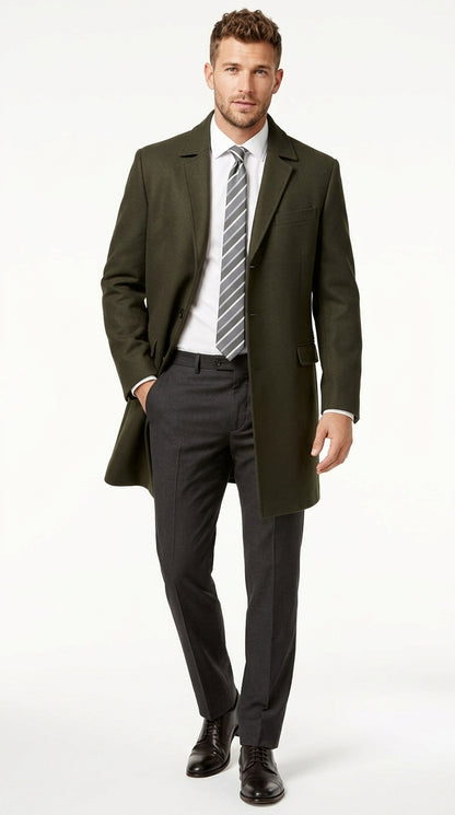 Men's Olive Green Wool Car Coat – Classic Mid-Length Three-Quarter Dress Overcoat for Men