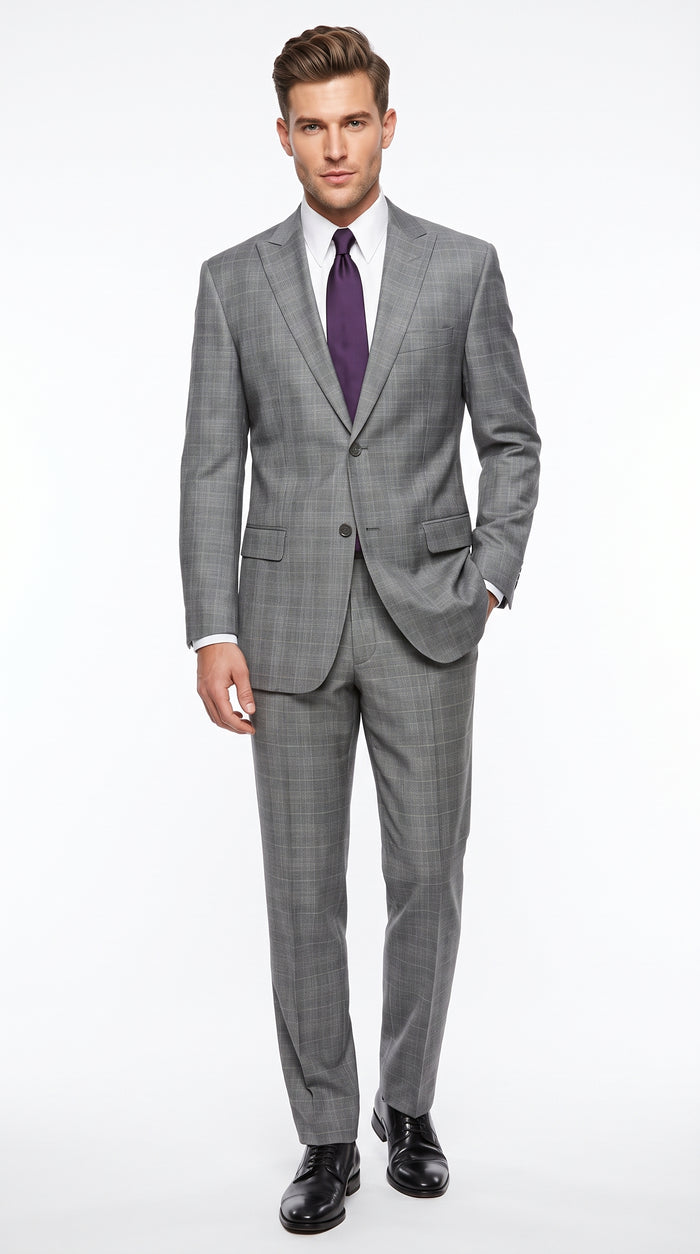 Men’s Grey Plaid 2 Button Suit, Modern Fit Peak Lapel Formal Wedding Business Suit