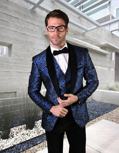 Mens Vested One Button Geometric Print Prom Tuxedo in Royal Blue 1 VL-101_ROYAL_44L  - from alligatorwarehouse.com