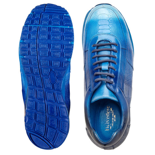 Men's Belvedere George Hand Painted Ostrich Leg Sneaker in Cobalt Blue