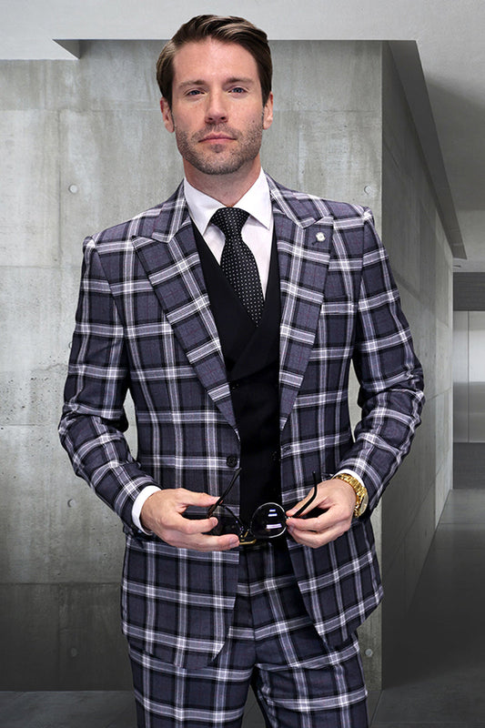 Statement Men's 3-Piece Modern Fit Suit – 100% Wool with Bold Scoop Vest ZILO-4_NAVY_52L - from alligatorwarehouse.com