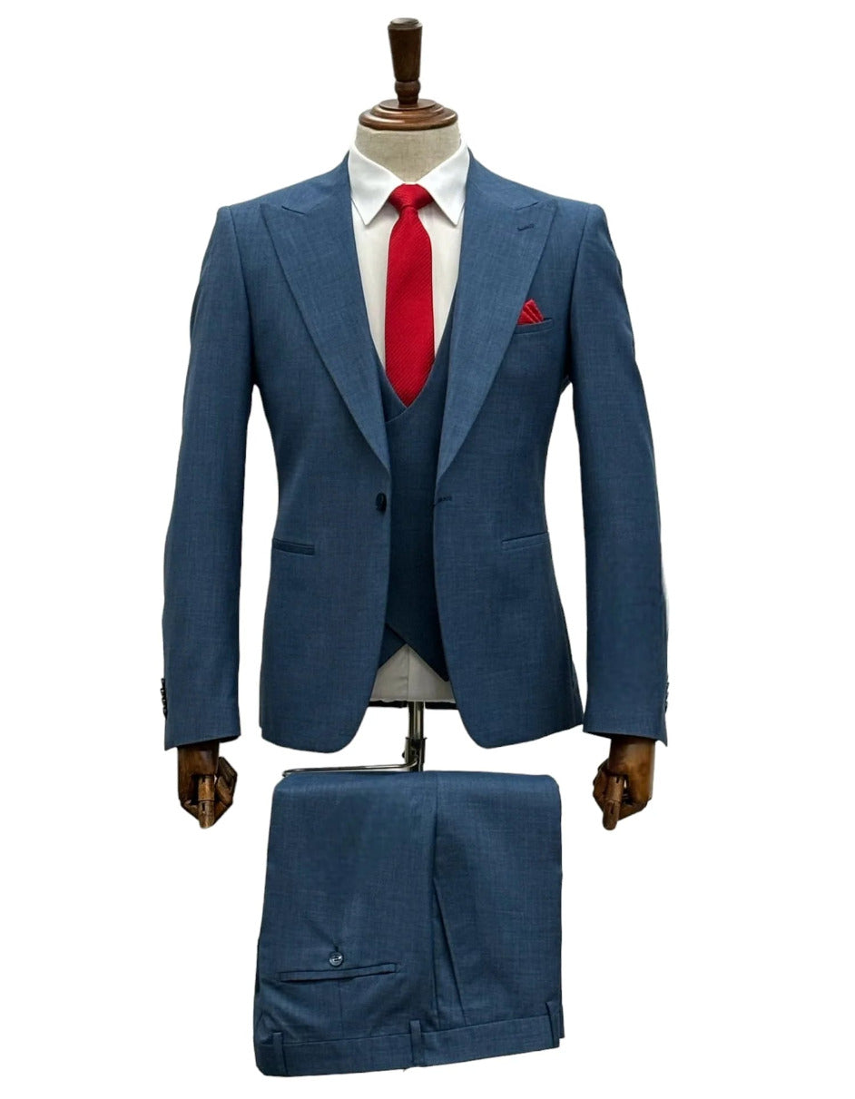 Giovanni Testi Suits With Double Breasted Vest - 3 Pieces Slate Blue Peak Lapel Suit