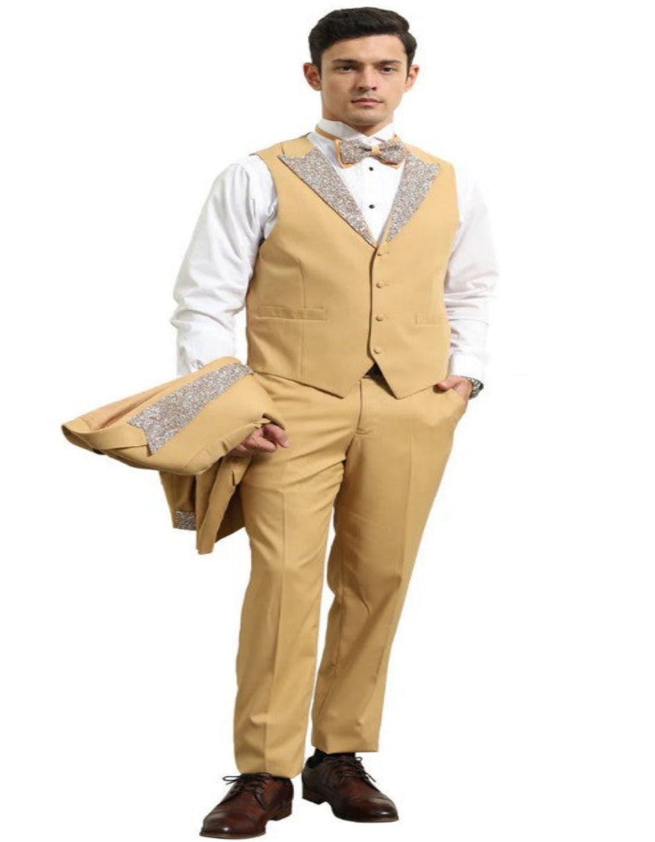 Gold Mustard Prom Tuxedo - Perfect Wedding Suit Vested rhinestone Lapelled 3   - from alligatorwarehouse.com