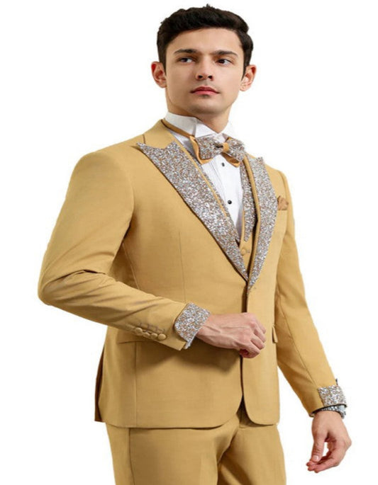 Gold Mustard Prom Tuxedo - Perfect Wedding Suit Vested rhinestone Lapelled