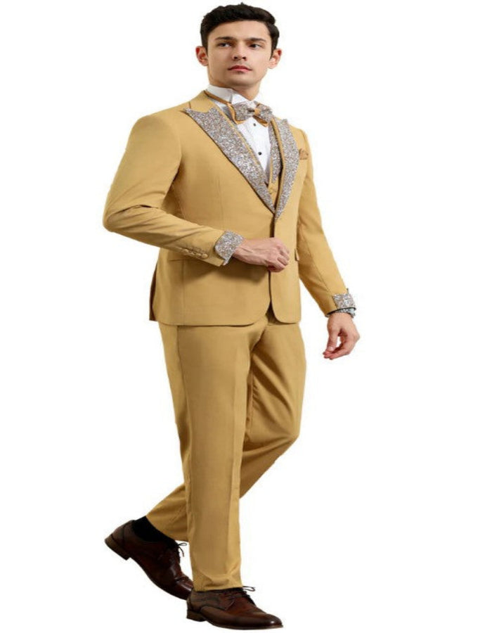 Gold Mustard Prom Tuxedo - Perfect Wedding Suit Vested rhinestone sequin Lapelled