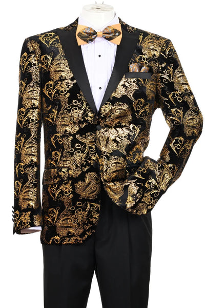 Men's Modern Fit Velvet Floral Paisley Foil Black and Gold Tuxedo Jacket 1   - from alligatorwarehouse.com
