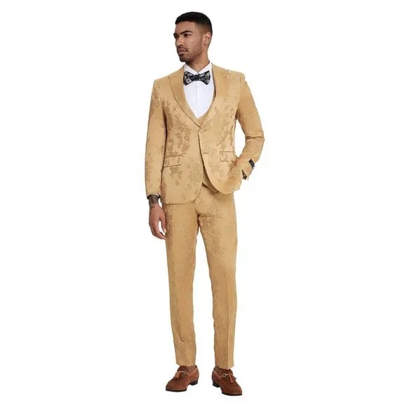 2026 Floral Mens 3PC Suit w/ Double Breasted Vest by Tazzio, Golden