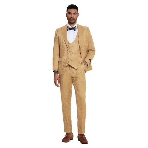 2026 Floral Mens 3PC Suit w/ Double Breasted Vest by Tazzio, Golden