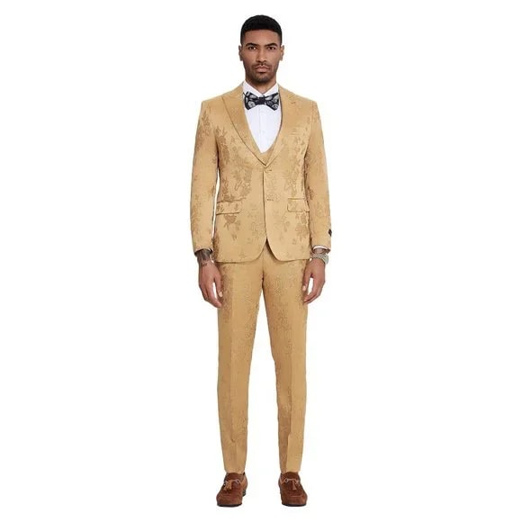 2026 Floral Mens 3PC Suit w/ Double Breasted Vest by Tazzio, Golden