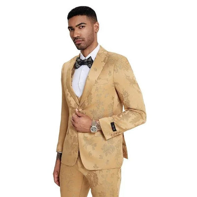 2025 Floral Mens 3PC Suit w/ Double Breasted Vest by Tazzio, Golden 4   - from alligatorwarehouse.com
