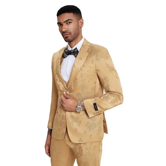 2026 Floral Mens 3PC Suit w/ Double Breasted Vest by Tazzio, Golden