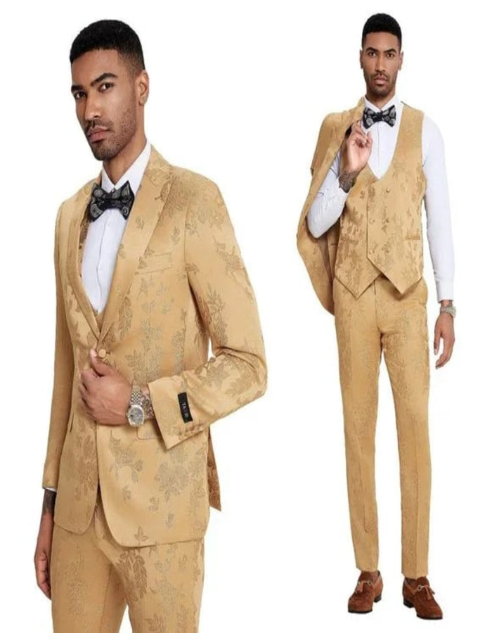2026 Floral Mens 3PC Suit w/ Double Breasted Vest by Tazzio, Golden