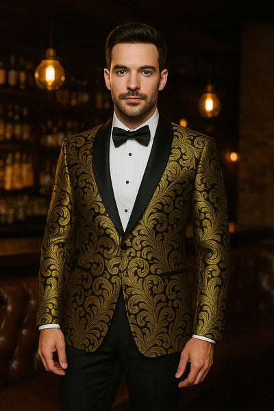 Mens Goldish Yellow and Black Paisley Tuxedo Blazer with Matching Bow Tie with Black Pants 3   - from alligatorwarehouse.com