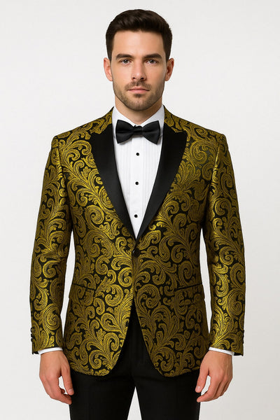 Mens Goldish Yellow and Black Paisley Tuxedo Blazer with Matching Bow Tie with Black Pants 1   - from alligatorwarehouse.com