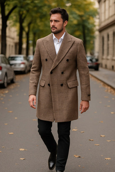 Mens Gray and Light Brown Glen Plaid Wool Overcoat – Double-Breasted Vintage Check Coat 3   - from alligatorwarehouse.com