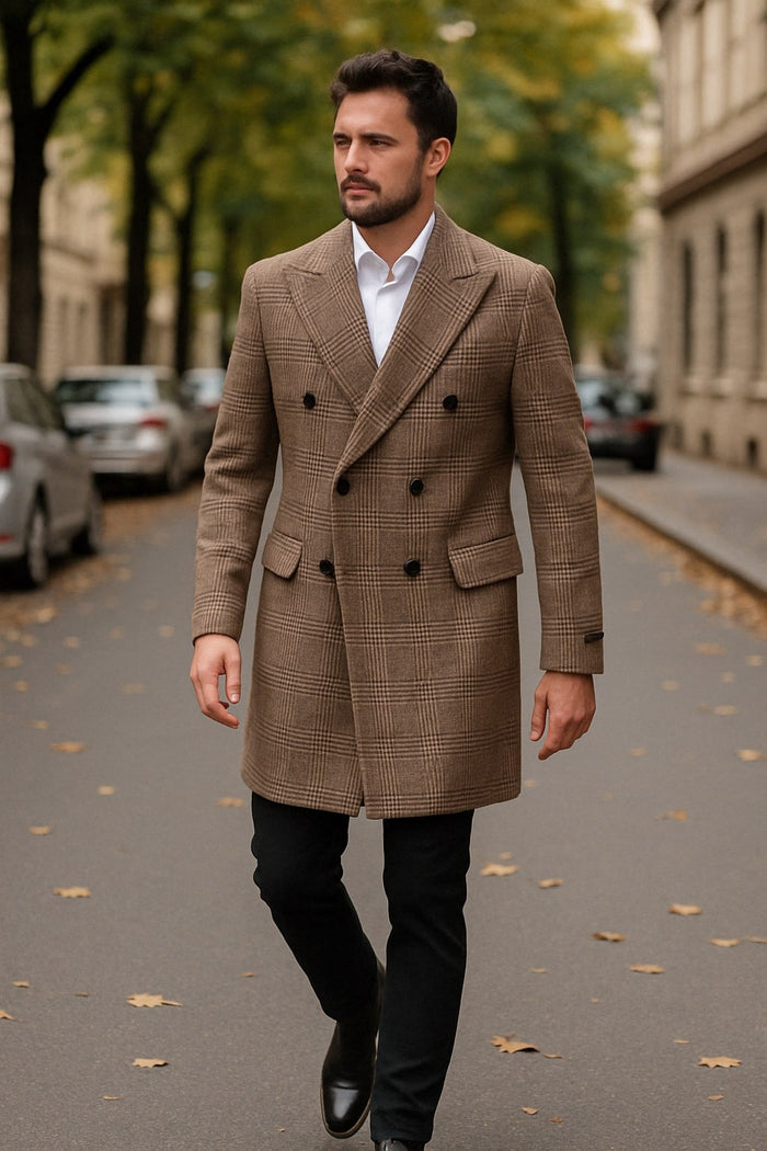 Mens Gray and Light Brown Glen Plaid Wool Overcoat – Double-Breasted Vintage Check Coat
